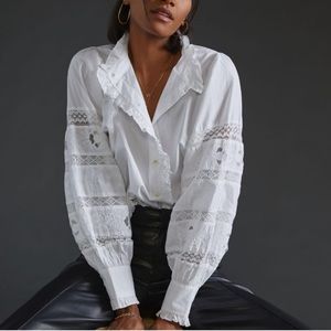 Anthropologie Love The Label Ruffled Long-sleeve Shirt With Lace In White